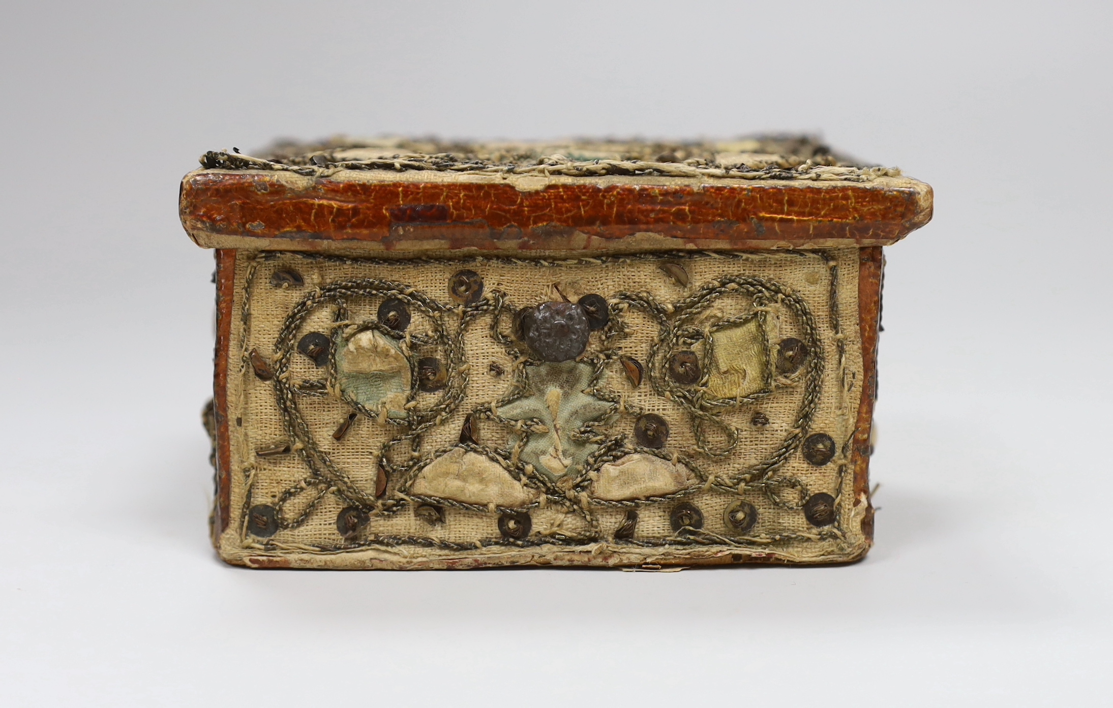 An early 18th century stump work box with floral embroidery and sequins, 9.5cm wide